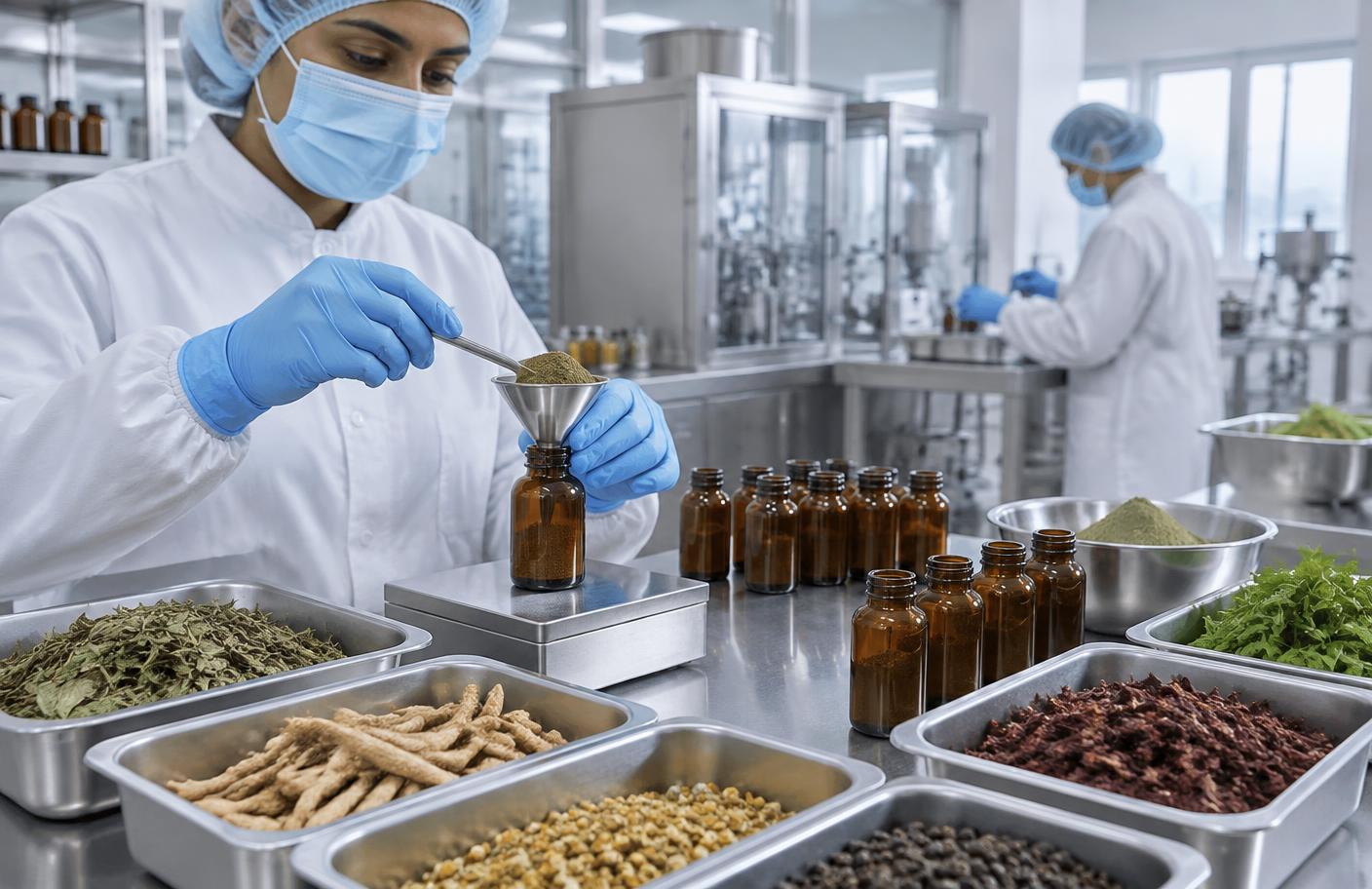 Technicians filling amber bottles of herbal formulation in a GMP certified facility